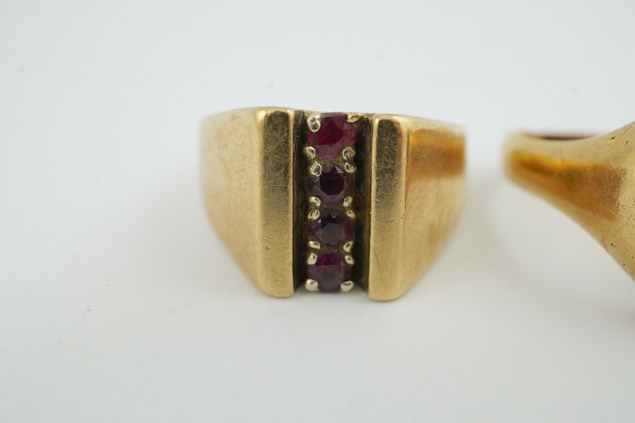 Two gold and gem set rings, one stamped 9ct, gross weight 11.8 grams. Condition - poor to fair